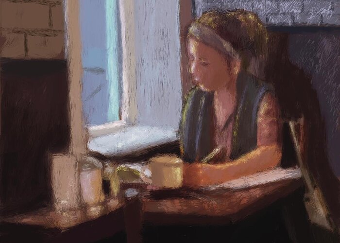Coffeehouse Greeting Card featuring the painting Grading Papers by Larry Whitler