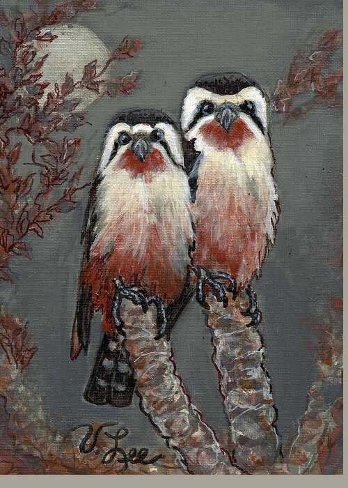 Birds Greeting Card featuring the painting Collared Falconets on a Moonlit Night by VLee Watson