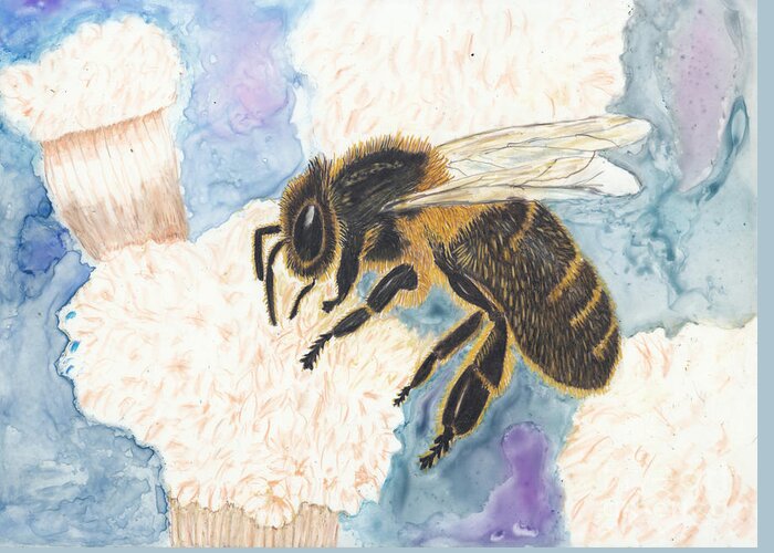 Honey Bee Greeting Card featuring the painting Collection Agent - Honey Bee on Flower by Conni Schaftenaar
