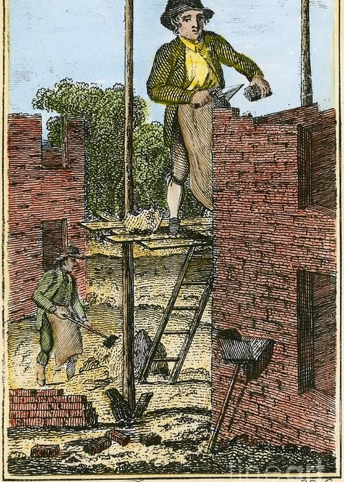 18th Century Greeting Card featuring the drawing COLONIAL BRICKLAYER, 18th C by Granger