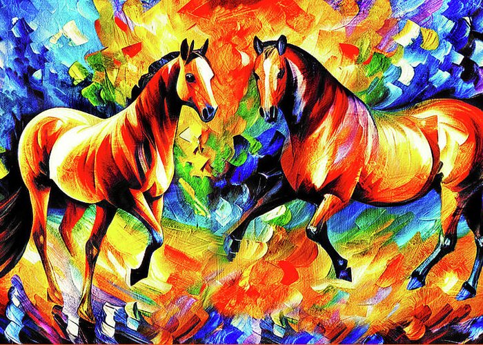 Horse Walking Greeting Card featuring the digital art Colorful abstract horses meeting - digital painting on colorful background by Nicko Prints