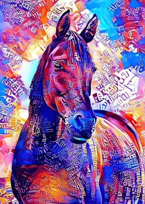 Arabian Horse Greeting Card featuring the digital art Colorful Arabian horse portrait in blue and violet by Nicko Prints