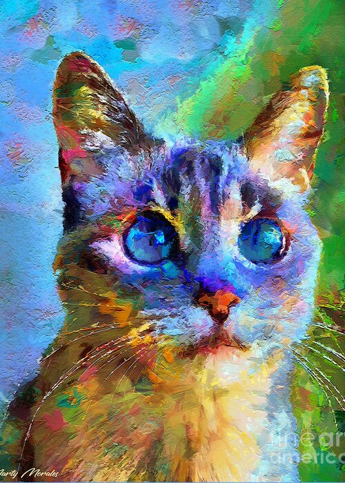 Blue Eye Cat Greeting Card featuring the mixed media Colorful Cats V1 by Marty's Royal Art
