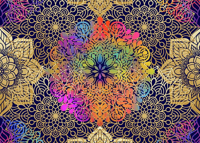 Mandala Greeting Card featuring the digital art Colorful Gold Mandala Pattern in Black Background by Sambel Pedes