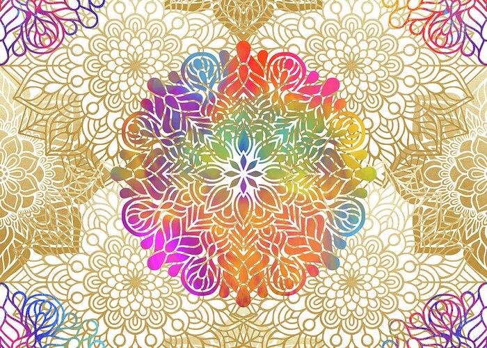 Mandala Greeting Card featuring the digital art Colorful Gold Mandala Pattern by Sambel Pedes