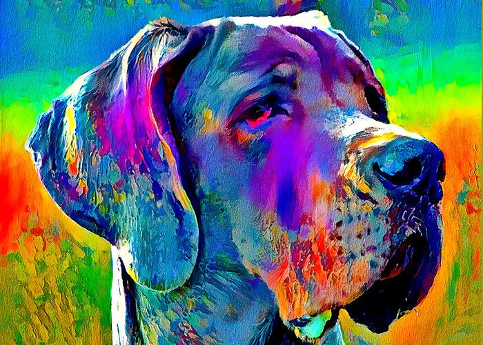 Great Dane Greeting Card featuring the digital art Colorful Great Dane portrait - digital painting by Nicko Prints