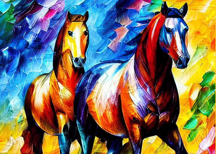 Horse Walking Greeting Card featuring the digital art Colorful horses walking - digital painting by Nicko Prints