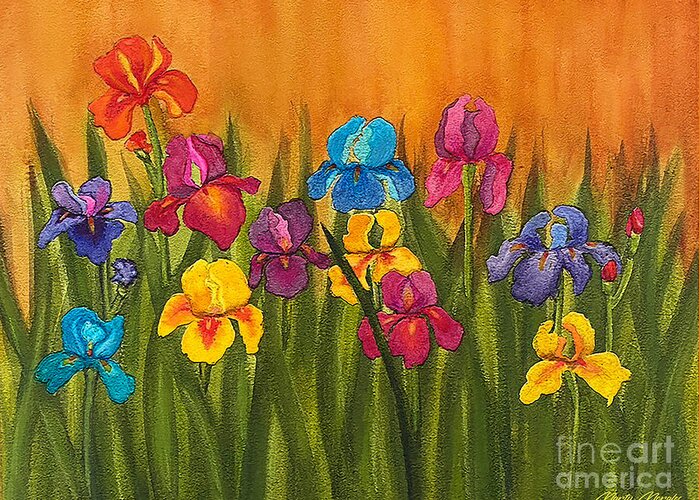 Blue Greeting Card featuring the mixed media Colorful Irises V1 by Marty's Royal Art