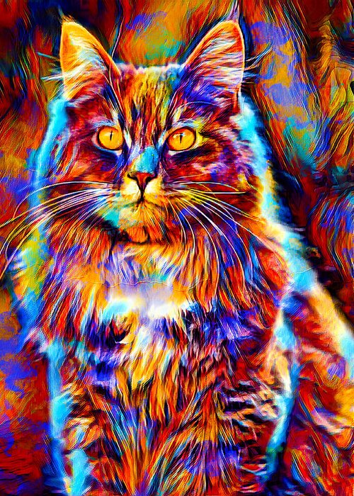 Maine Coon Greeting Card featuring the digital art Colorful Maine Coon cat sitting - digital painting by Nicko Prints