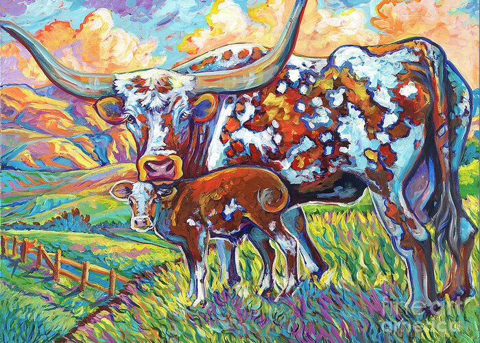 Cow Greeting Card featuring the painting Colorful momma by Jenn Cunningham