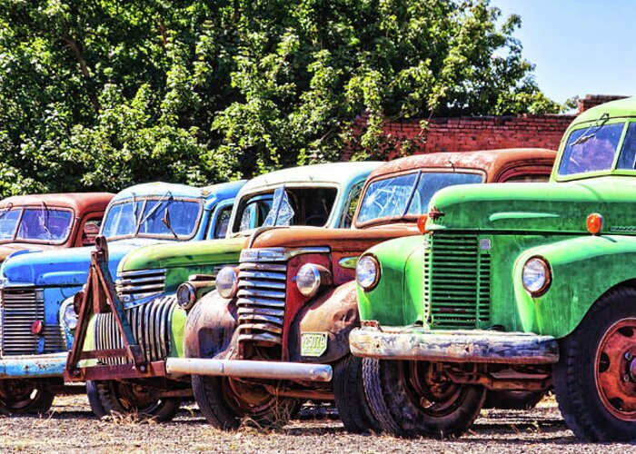 Vintage Trucks Greeting Card featuring the photograph Colorful old rusty cars by Tatiana Travelways