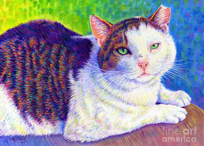 Cat Greeting Card featuring the painting Colorful Pet Portrait - MC the Cat by Rebecca Wang