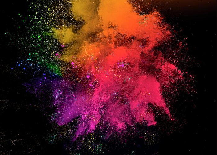 Paint Greeting Card featuring the digital art Colorful rainbow holi paint powder explosion isolated on black background by Maria Kray