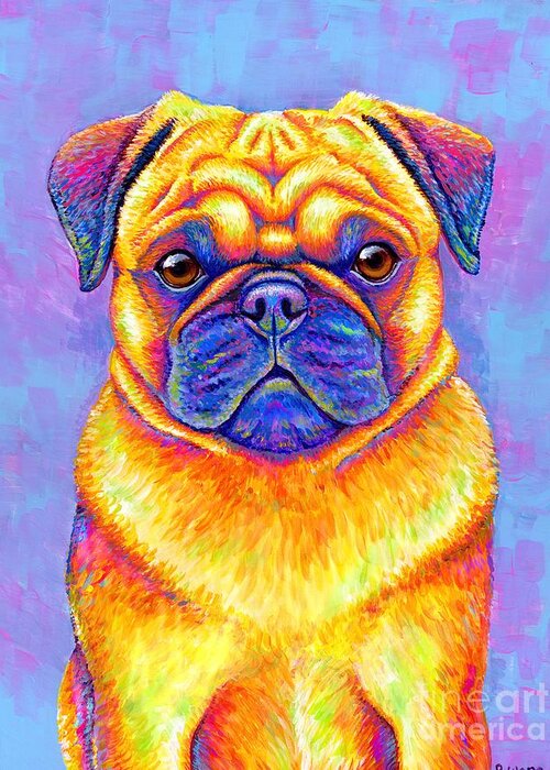 Pug Greeting Card featuring the painting Colorful Rainbow Pug Dog Portrait by Rebecca Wang