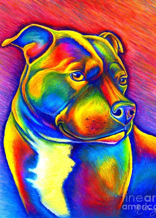 Staffordshire Bull Terrier Greeting Card featuring the painting Colorful Rainbow Staffordshire Bull Terrier Dog by Rebecca Wang