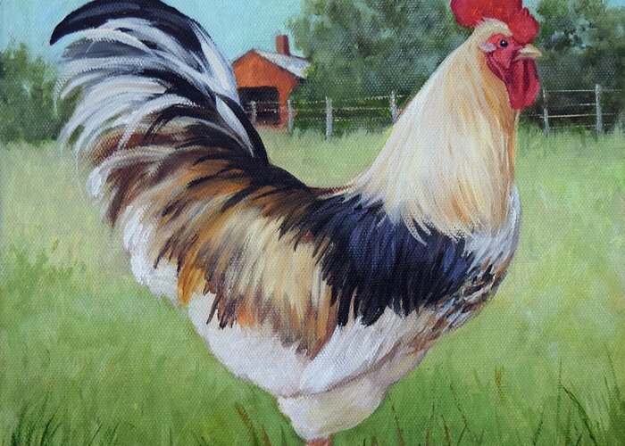 Rooster Greeting Card featuring the painting Colorful Rooster and Red Barn Landscape and Scene by Cheri Wollenberg by Cheri Wollenberg