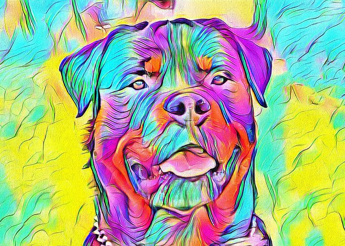 Rottweiler Dog Greeting Card featuring the digital art Colorful Rottweiler dog portrait - digital painting by Nicko Prints