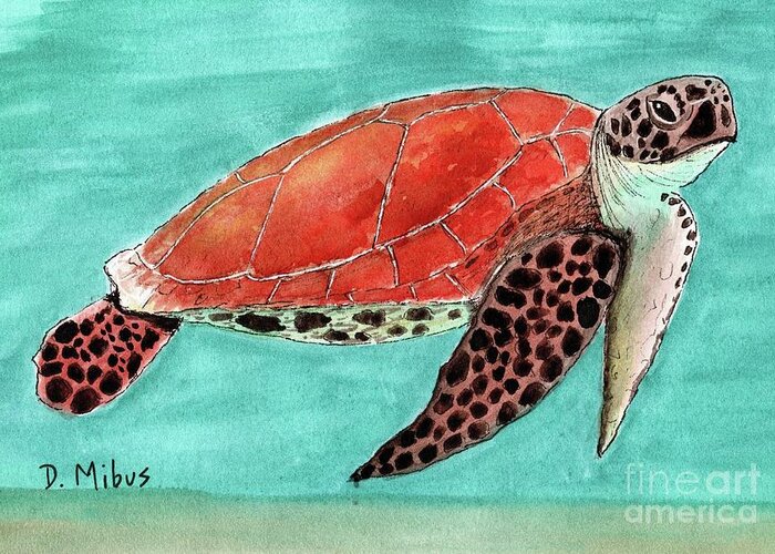 Sea Turtle Greeting Card featuring the painting Colorful Sea Turtle in Blue Green Water by Donna Mibus