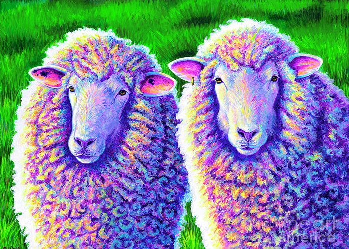 Sheep Greeting Card featuring the painting Colorful Sheep Portrait - Charlie and Curtis by Rebecca Wang