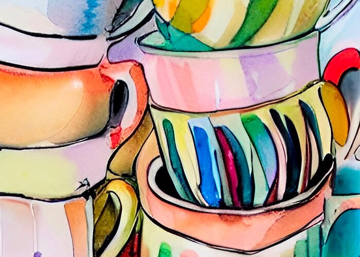 Sketching Greeting Card featuring the digital art Colorful Teacups by Bonnie Bruno