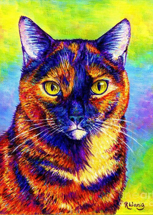 Cat Greeting Card featuring the painting Colorful Tortoiseshell Cat by Rebecca Wang