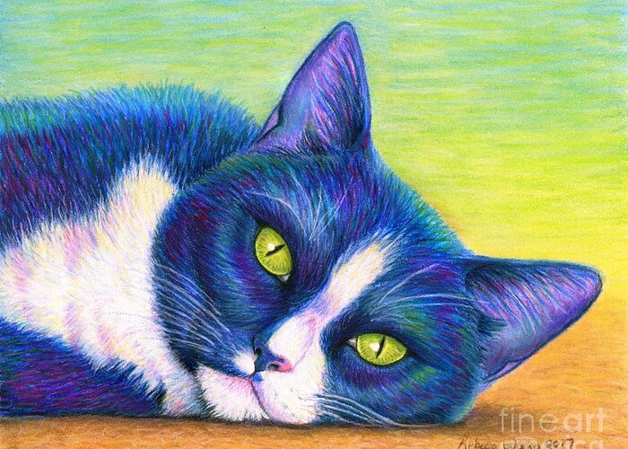 Cat Greeting Card featuring the drawing Colorful Tuxedo Cat by Rebecca Wang