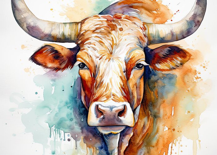 Texas Longhorn Greeting Card featuring the painting Colorful Watercolor Portrait of a Texas Longhorn by Lourry Legarde