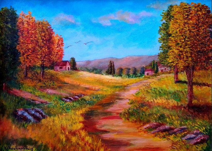 Landscapes Original Paintings Paintings Greece Country Pathways Autumn Seasons Impressionism Arcadia Greece Peloponissos Greece Canvas Prints Art Prints Greeting Carda Acrylic Prints Trees Greeting Card featuring the painting Colors of Autumn nature by Konstantinos Charalampopoulos