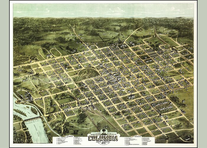 Columbia Greeting Card featuring the photograph Columbia South Carolina Vintage Map Birds Eye View 1872 by Carol Japp