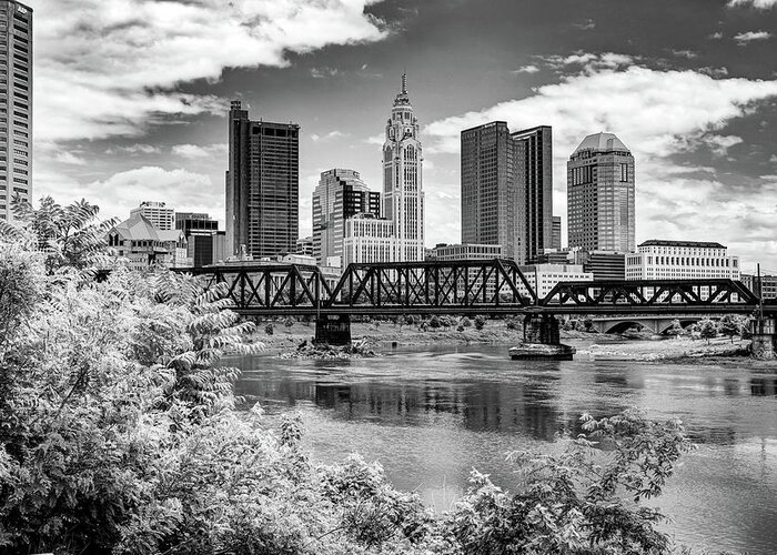 Columbus Skyline Greeting Card featuring the photograph Columbus Ohio Skyline From North Bank Park in Black and White by Gregory Ballos