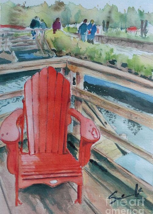 Adirondack Chair Greeting Card featuring the painting Come sit a while by Sonia Mocnik