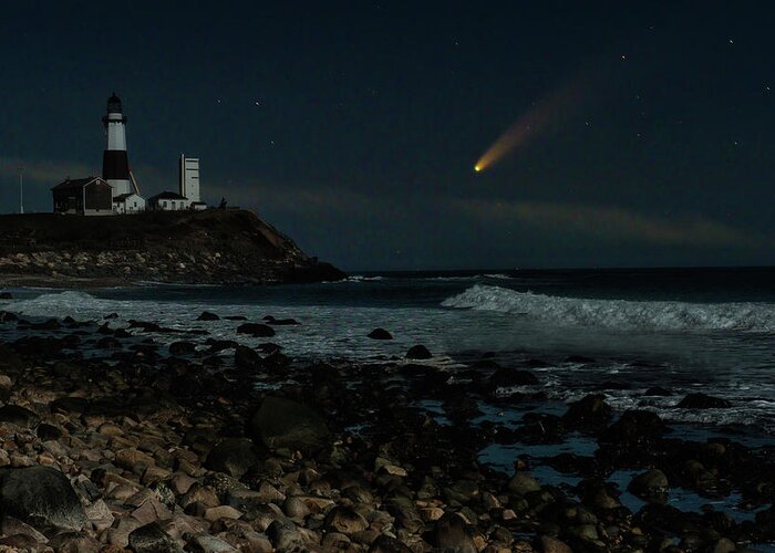 Neowise Greeting Card featuring the photograph Comet Neowise Montauk Lighthouse by William Jobes