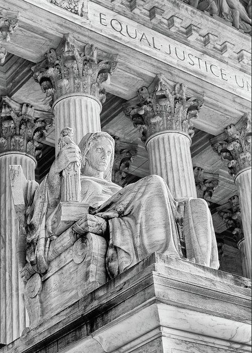 Architecture Greeting Card featuring the photograph Contemplation of Justice bw by Jerry Fornarotto