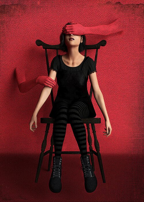 Red Surreal Chair Girl Arms Control Dark Greeting Card featuring the digital art Control #2 by Alisa Williams