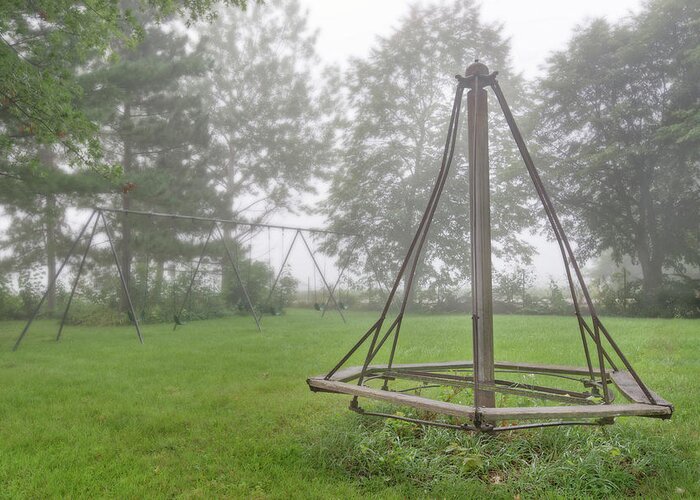 Swingset Greeting Card featuring the photograph Playground Memories - swings and witches-hat merry go round at Cooksville WI schoolhouse in fog by Peter Herman