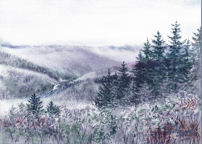 Landscape Greeting Card featuring the painting Cool Blue And Soft Purple Watercolor Mountains And Forest by Irina Sztukowski