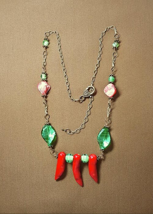 Necklace Greeting Card featuring the jewelry Coral and Green Necklace by Michele Myers