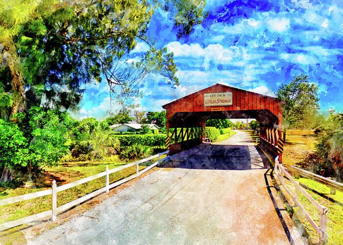 Coral Springs Covered Bridge Greeting Card featuring the digital art Coral Springs Covered Bridge - watercolor ink painting by Nicko Prints