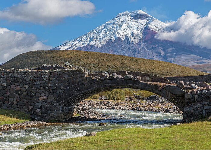 Andes Greeting Card featuring the photograph Cotopaxi volcano, old bridge and Pita river by Henri Leduc