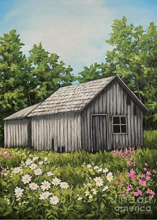 Barn Greeting Card featuring the painting Country barn in meadow by Inese Poga