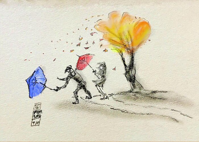 Sketch Greeting Card featuring the photograph Couple in Leaf Rain by Micky Roberts
