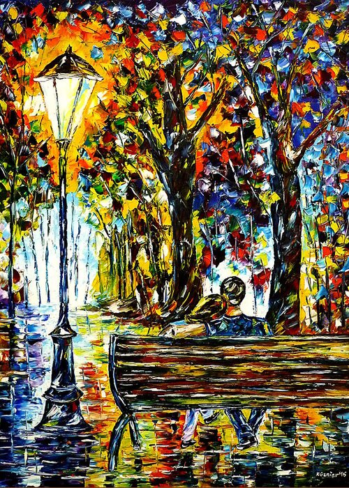 Lovers On A Bench Greeting Card featuring the painting Couple On A Bench by Mirek Kuzniar