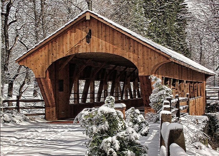 Madera Greeting Card featuring the photograph Covered Bridge At Olmsted Falls-Winter-2 by Mark Madere