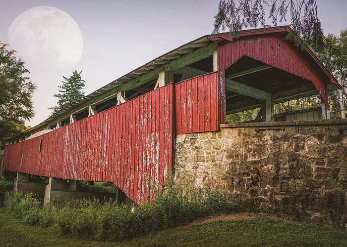 Bogert Covered Bridge Greeting Card featuring the photograph Covered Bridge Under the Moon by Jason Fink