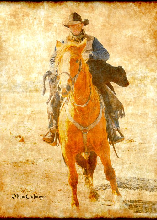 Cowboy Greeting Card featuring the mixed media Cowboy Helps Calf by Kae Cheatham