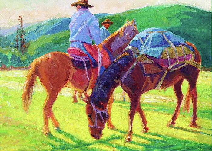 Cowboys Greeting Card featuring the painting Cowboys waiting at Sunrise by Thomas Bertram POOLE