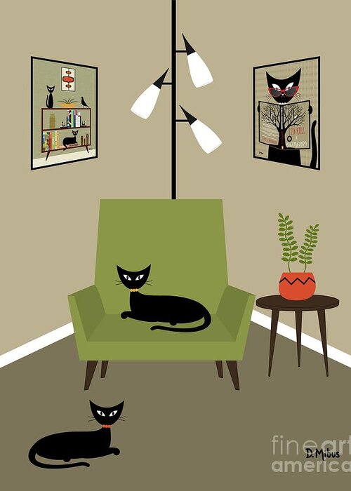 Mid Century Cat Greeting Card featuring the digital art Cozy Reading Corner by Donna Mibus