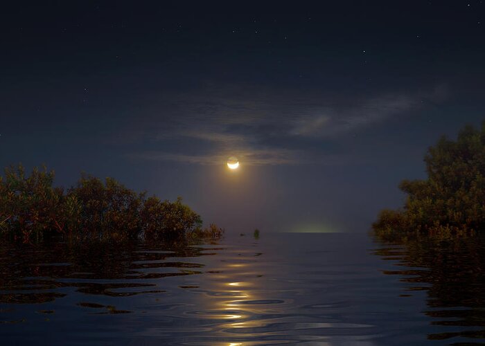 Moon Greeting Card featuring the photograph Crescent Moon Over Florida Bay by Mark Andrew Thomas