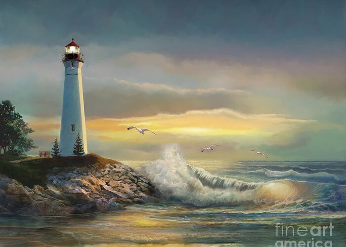 Crisp Point Lighthouse Oil Painting Greeting Card featuring the painting Crisp point lighthouse at sunset by Regina Femrite