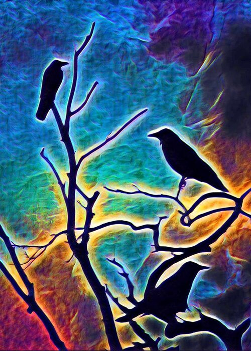 Bird Greeting Card featuring the digital art Crow Birds on Tree Bird 96 by Lucie Dumas